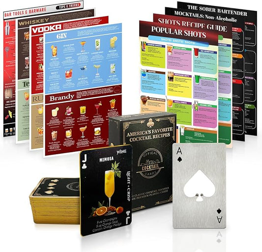 Recipe Mix Drink Kit - 120+ Alcoholic & Non-Alcoholic Cocktails, Bar Kit, Bartender Gift for Men & Women (1PK Black Cards + Charts)