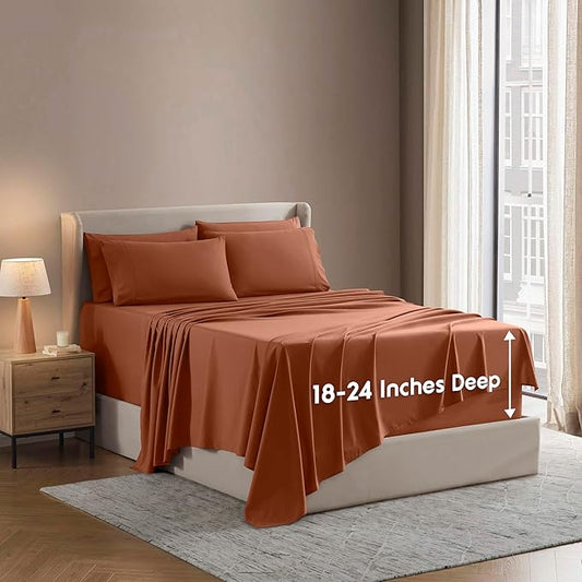 Nestl Extra Deep Cal King Sheet Set - 6 Piece Breathable & Cooling Sheets - Hotel Luxury Bedding Set w/18-24 Inch Deep Pockets - Easy & Secure Fit - Super Soft, Wrinkle Free & Comfy - Rust