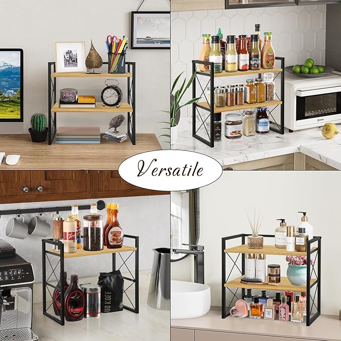 YINMIT Desktop Shelf Organizer, 2 Tier Office Shelves, Wood Desk Organizer Storage Rack and Freestanding Display Shelf for Office, Dormitory, Home (Black Wood)