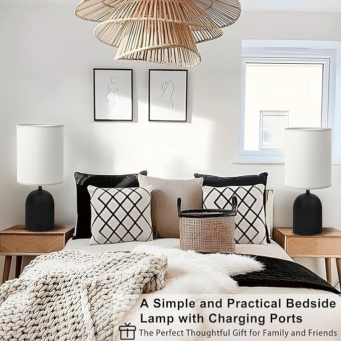 Bedside Table Lamp for Bedroom, 3 Way Dimmable Touch Nightstand Lamp with USB C and A Ports Small Table Desk Lamp for Bedroom, Living Room, Reading Room, Kids Room, Office, Dorm Black/White