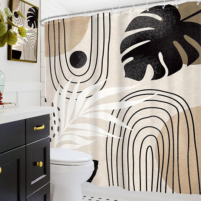 Glawry Boho Mid Century Shower Curtain Abstract Plant Tropical Palm Leaf Modern Geometric Minimalist Bathroom Black Beige Brown 72Wx78L Inches Bath Accessories Art Home Decor Fabric 12 Pack Hook