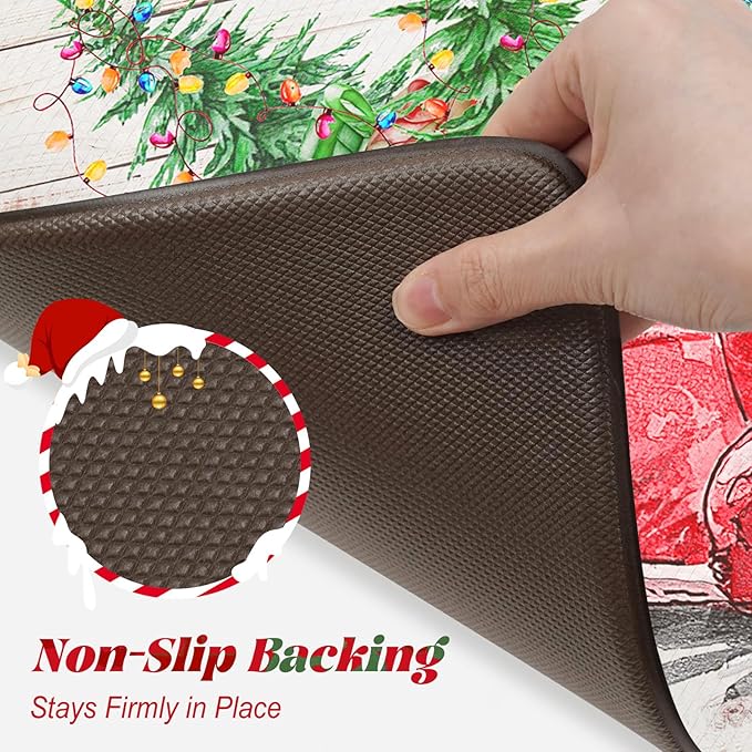 Christmas Truck Xmas Tree Kitchen Mat 2PCS, Cushioned Anti-Fatigue Non Skid Waterproof Kitchen Mats for Floor, Comfort Standing Mat Winter Decor for Office Desk Laundry, 17"x30"+17"x47"