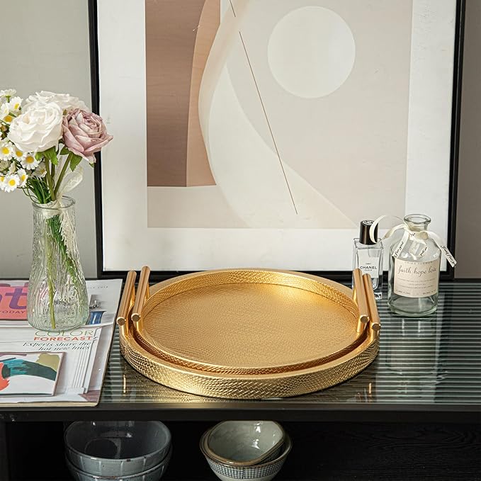2 Piece Golden Round Serving Tray with Handles, Woven-Texture Faux Leather Ottoman Tray for Living Room, Decorative Tray for Coffee Table Home Decor