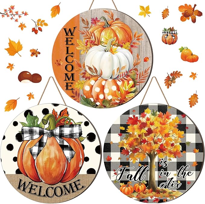 3 Pcs Fall Thanksgiving Decoration for Home Front Door Decor Signs Fall Pumpkin Wooden Wreath Autumn Maple Leaves Door Hanger for Farmhouse Autumn Thanksgiving Home Office Decor