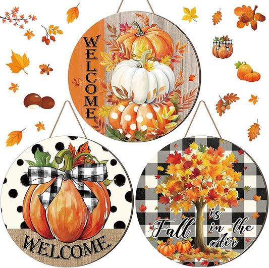 3 Pcs Fall Thanksgiving Decoration for Home Front Door Decor Signs Fall Pumpkin Wooden Wreath Autumn Maple Leaves Door Hanger for Farmhouse Autumn Thanksgiving Home Office Decor