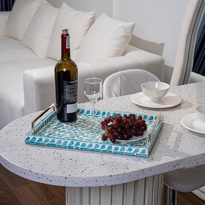 PEMAR Capiz Shell Decorative Tray with Gold Handles – 15.7"x11.8" Rectangular Display & Serving Tray for Vanity, Dresser, Bathroom (Teal Floral)