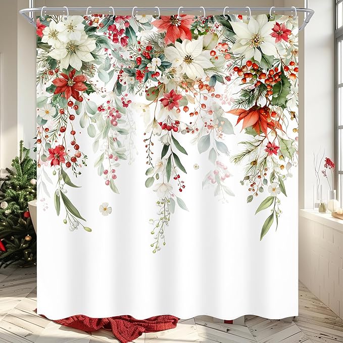Christmas Shower Curtain 60Wx72L Inch Red Floral White Xmars Flowers Poinsettias Winter Holiday Bathroom Set Happy New Year Plant Watercolor Bath Curtain Bathtub Accessories Home Decor