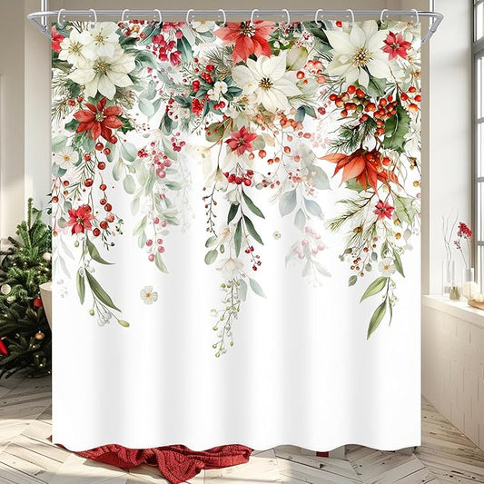 Christmas Shower Curtain 60Wx72L Inch Red Floral White Xmars Flowers Poinsettias Winter Holiday Bathroom Set Happy New Year Plant Watercolor Bath Curtain Bathtub Accessories Home Decor