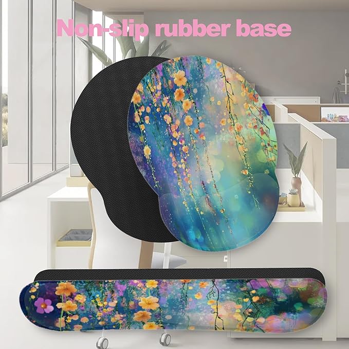 Watercolor Ivy Flower Spring Flower Mouse Pad with Wrist Rest and Keyboard Wrist Rest Set, Non-Slip Rubber Base Memory Foam Mouse Pad Set for Women, Office Desk Accessories, Gaming