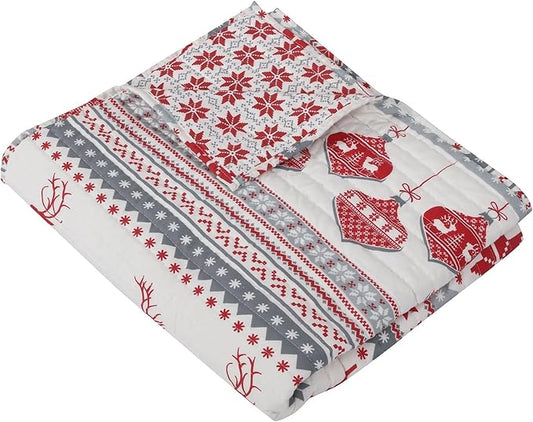Levtex Home - Silent Night - Quilted Throw - 50x60in. - Fair Isle Deer - Red, Grey, White - Reversible - Cotton