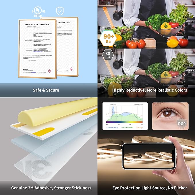 PAUTIX COB LED Strip with Motion Sensor,5V USB LED Tape Light 4000K Natural White 9.84ft/3m,CRI90+ Super Bright 960LEDs,Dimmable Motion Activated LED Strip Light for Bedroom,Cabinets,Kitchen,Closet