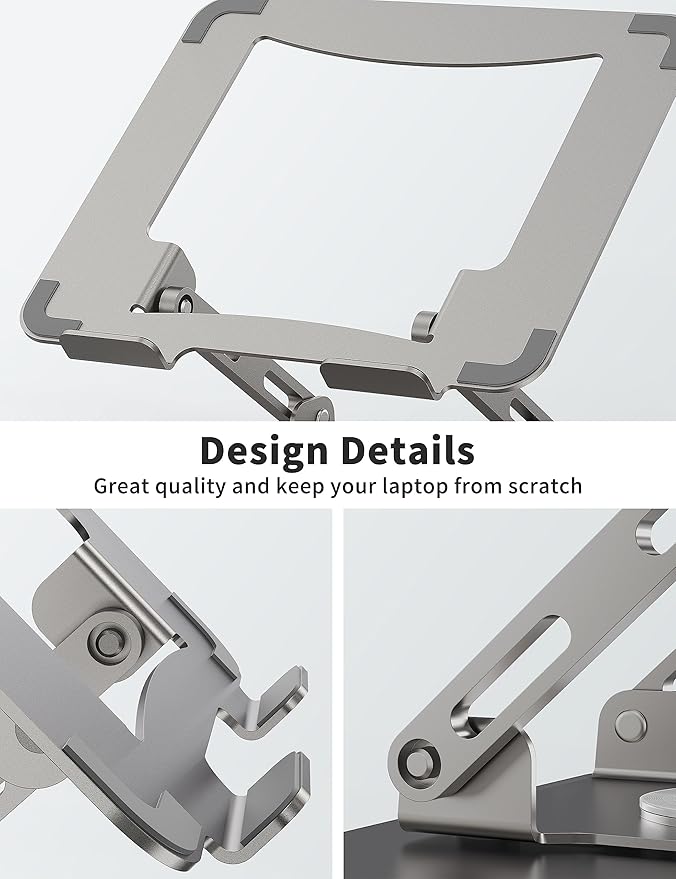 SOUNDANCE Laptop Stand with 360° Rotating Base, Ergonomic Computer Riser for Desk, Adjutable Height Muti-Angle, Foldable Laptop Mount, Stable Metal Holder Support 10-15.6" Notebook PC, Silver Grey