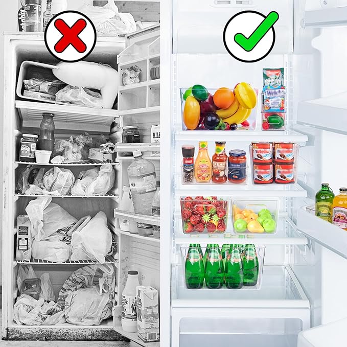 Set of 8 Clear Plastic Storage Bins, 4 Large +4 Small Pantry Organizers and Storage Containers for Kitchen, Garage, Freezer& Bathroom - Office Supplies Storage Bin for Drawer, Desk and Shelf