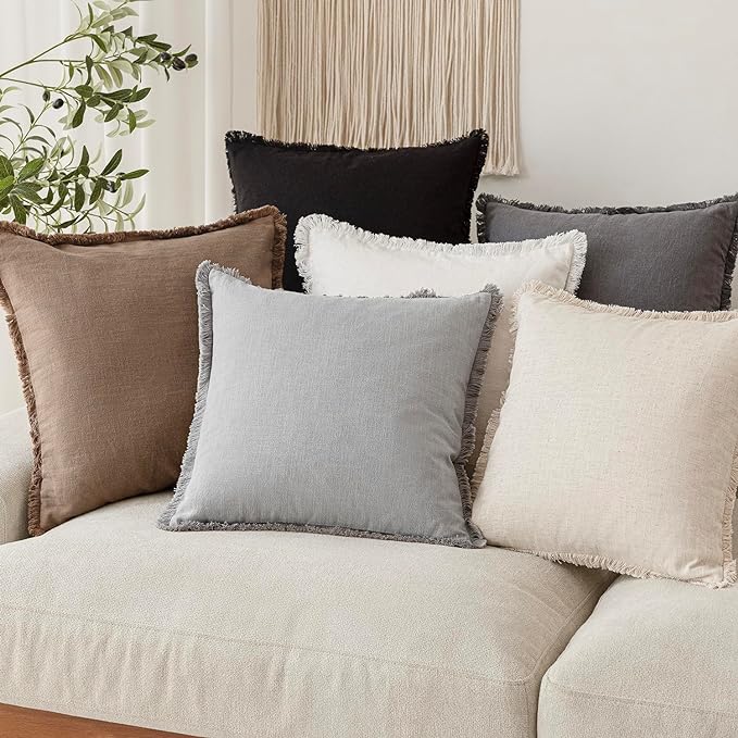Foindtower Set of 2 Decorative Linen Fringe Throw Pillow Covers Cozy Farmhouse Cushion Cover with Tassels Accent Pillowcase for Couch Chair Sofa Bed Living Room Home Decor,24×24 Inch,Light Rustic Gray