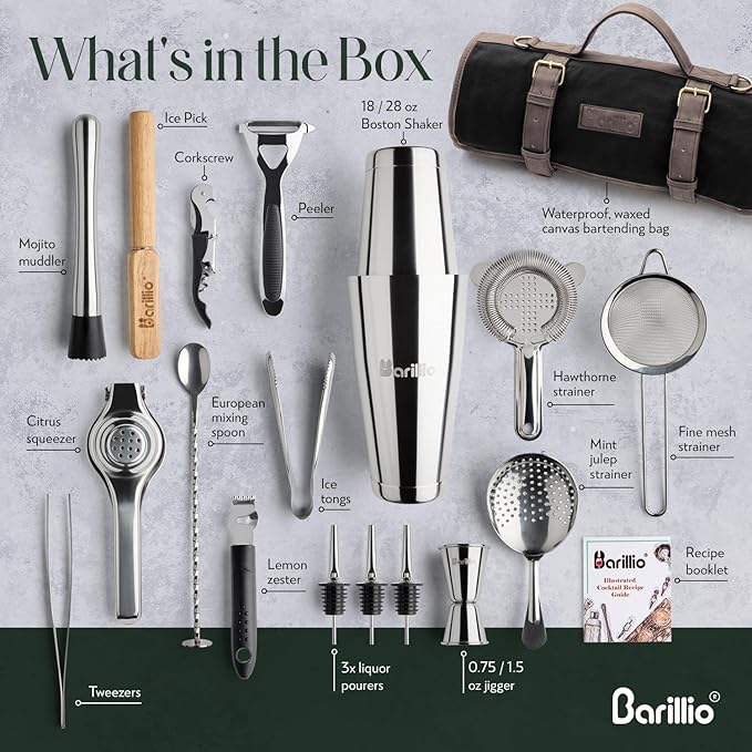 Barillio Bartender Kit Bag with Cocktail Shaker Set - Waxed Canvas, Traveling Bar Tools Bag with 17-Pc Cocktail Kit - Travel Mixology Bartending Kits - Mobile Bar Roll with Strap & Accessories