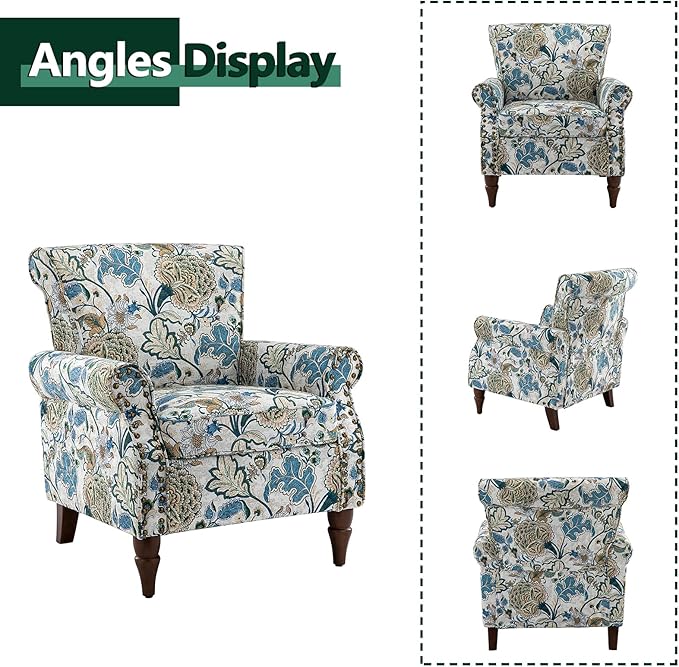HULALA HOME Modern Wingback Accent Chairs Set of 2 with Wood Legs & Removable Cushion, Comfy Upholstered Armchairs with Nailhead Trim, Floral Pattern Single Sofa Chairs for Living Room Bedroom, Green