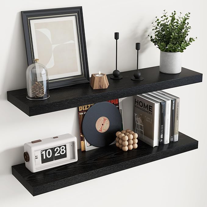 Floating Shelves for Wall with Invisible Brackets, Wall Mounted Engineered Wood Shelves with Wood Grain for Living Room, Bedroom, Bathroom, Kitchen Decor and Storage, Oak, 36"L Set of 2, Black