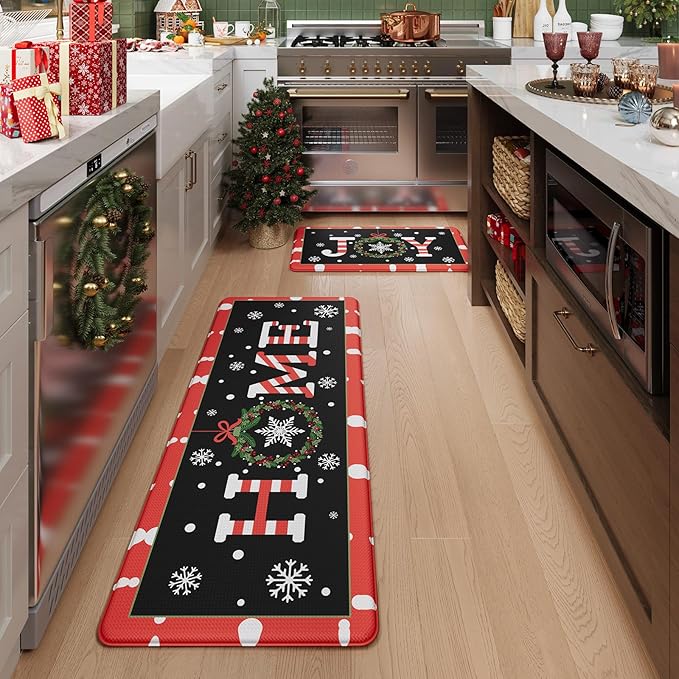 Christmas Joy Winter Snowflake Kitchen Floor Mat, Cushioned Anti Fatigue Kitchen Rug Waterproof Kitchen Rug Sets of 2, Non Slip Comfort Foam Standing Mat for Office Sink Laundry 17x30+17x47inch