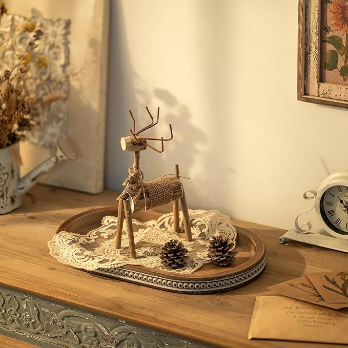 Hanobe Decorative Serving Tray Wood: Brown Bead Oval Tray for Coffee Table Rustic Wooden Trays Decor Farmhouse Kitchen Counter Tray Vintage Centerpiece for Living Room Home Organizer