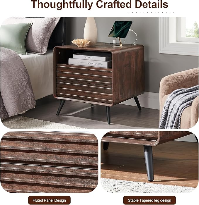 RedLemon 24" Nightstand Set of 2 with Charger Station, Mid Century Modern Fluted End Table with 2 Drawers, Wooden Side Table with Open Cubby Storage for Living Room, Bedroom, Office (Dark Walnut)