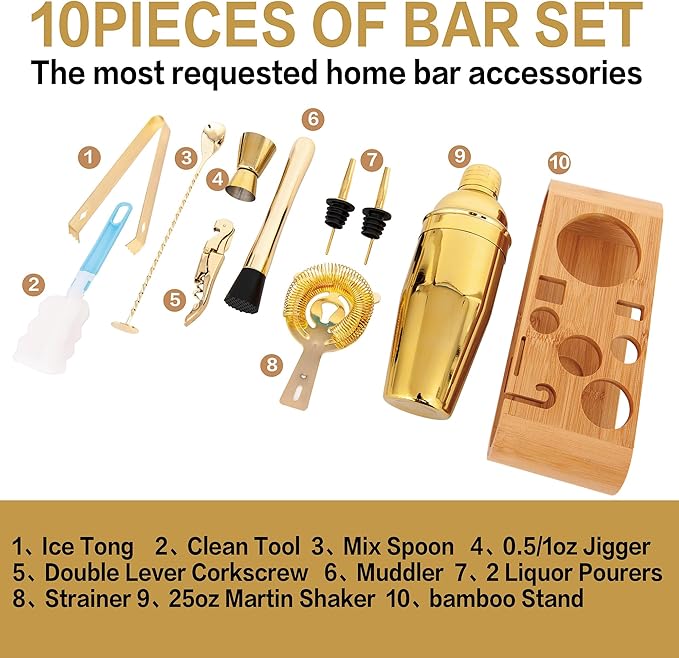 10-Pcs Martini Cocktail Shaker Set Gold,Martini Set Stainless Steel Shakers Bartending kit 25oz Bar Kits Bar Tool Sets for Professional Bartender and Home