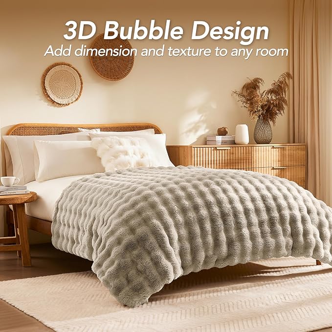 L'AGRATY Faux Rabbit Fur Blanket: 50" x 60" Luxury Soft Fluffy Thick Fur Throw Blanket for Couch Bed Sofa - Cozy Plush Bubble Blankets for Winter: Warm Flannel Fleece Decorative Blanket(Castle Grey)