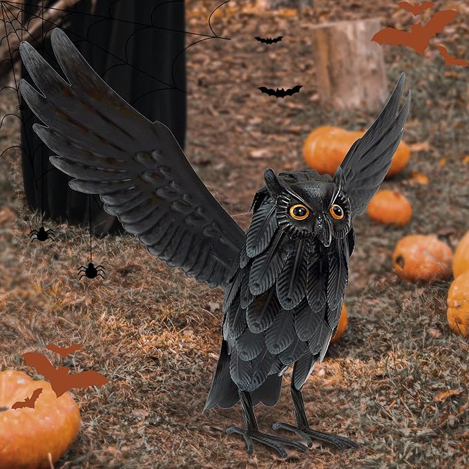 Natelf Solar Owl Decoy Sculptures & Statues Halloween Decoration, Standing Metal Bird Deterrent to Scare Birds Squirrels Away for Outdoor Garden Yard Patio, Black