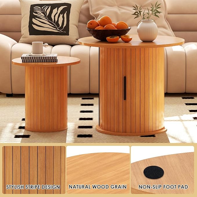 Nesting Coffee Table Set of 2 with Hidden Storage & Sliding Door, Circle Wood Coffee Table, Farmhouse Side & End Table Sets for Living Room, Small Spaces, Natural