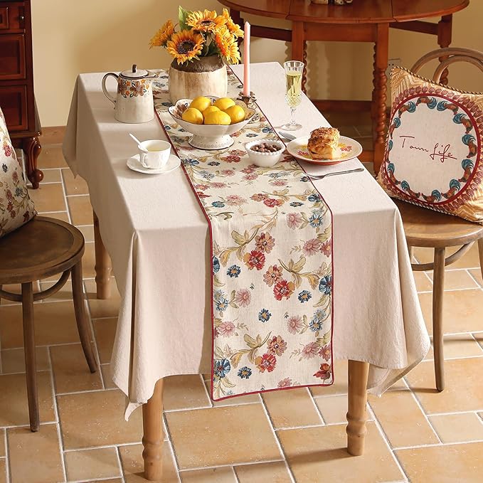 patdrea Designer Farmhouse Linen Thick Table Runner, Rustic Cottage Beige with Floral Pattern Fabric Table Mat, Decoration for Kitchen Dining Coffee Table Banquet Christmas , 12"*102"
