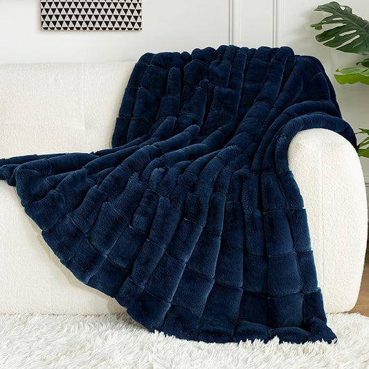 Touchat Faux Fur Throw Blanket, Luxury 1000GSM Ultra Thick Warm Rabbit Blanket for Couch Bed Sofa, 3D Checkered Pattern Lola Minky Comfort Blankets for Bedroom Living Room Women Gift, Blue