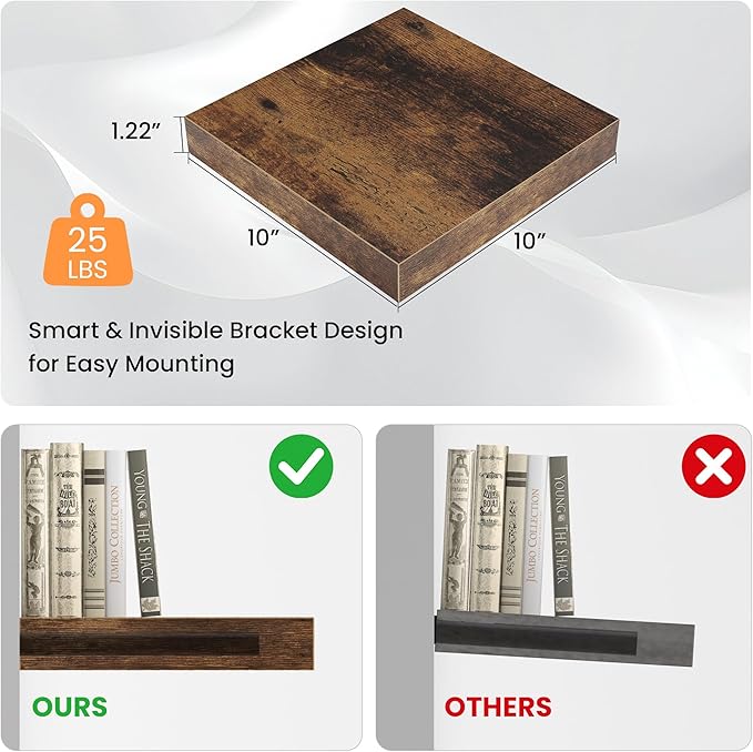 Square Floating Shelves for Wall, 10"W x 10"D x 1.2"H, Small Wooden Wall Mounted Display Shelf with Invisible Brackets for Living Room, Bedroom, Bathroom, Kitchen Decor, Set of 4, Rustic Brown