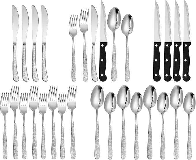 Drill Pattern Tableware Set, 24 Pcs Silverware Set For 4, Food-Grade Stainless Steel Flatware Set, Mirror Polished Cutlery Utensil Set, Include Steak Knife Fork And Spoo, Dishwasher Safe