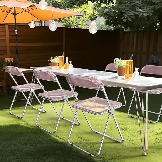 VINGLI Acrylic Folding Chairs 4 Pack, Clear Chair Foldable and Stackable, Plastic Panel & Metal Chrome Frame, Weight Capacity 350 lbs, Pink