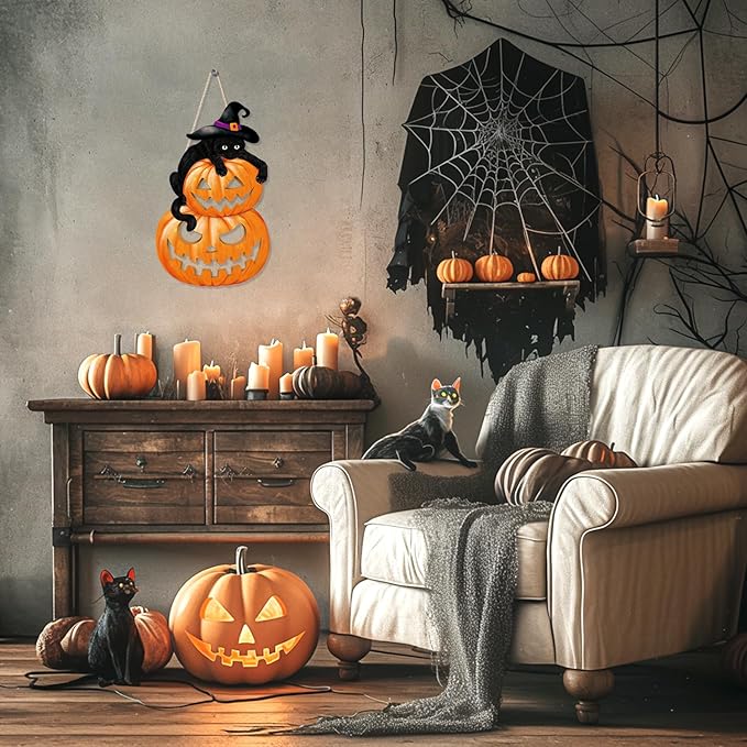 HPNIUB Black Cat Halloween Plaque, Cute & Scary Wooden Sign for Front Door Decor - 9.4x15.3 Inch