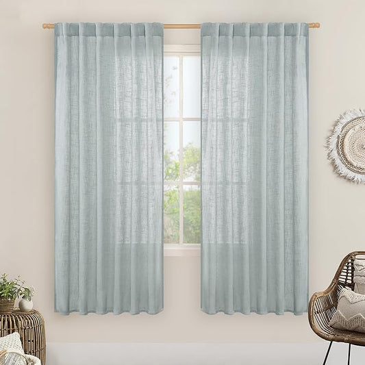 LAMIT Light Filtering Linen Curtains 68 inches Long for Bedroom, Faux Linen Textured Semi Sheer Back Tab and Rod Pocket Modern Drapes for Living Room/Farmhouse, Greyish Blue, 2 Panels, 52 x 68 Inch