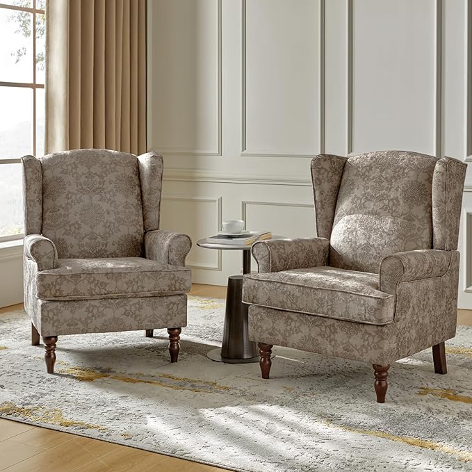 HULALA HOME Wingback Accent Chairs Set of 2 with Retro Wood Legs, Traditional Fabric Armchairs for Bedroom Living Room, Comfy Upholstered Sofa Chairs Reading Chairs with Unique Pattern Design, Brocade