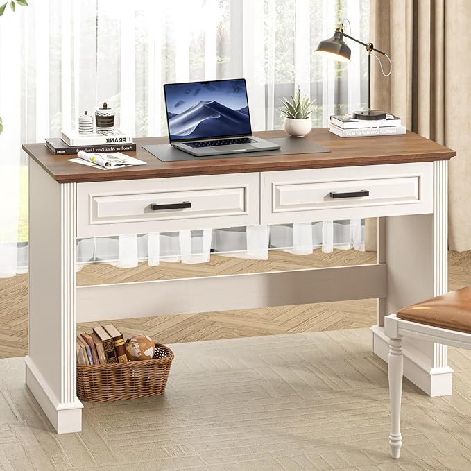 Farmhouse Executive Desk, 48 Inch Computer Desk with 2 Drawers, Simple Home Office Writing Desk Workstation for Bedroom Study Small Spaces, White and Brown