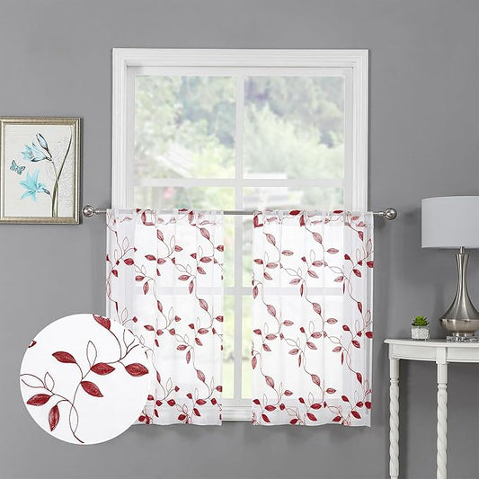 Tollpiz Burgundy Red Leaf Sheer Tier Curtains Leaves Embroidered Kitchen Short Curtain Rod Pocket Voile Bathroom Curtains for Cafe, 30 x 24 inches Long, Set of 2 Panels