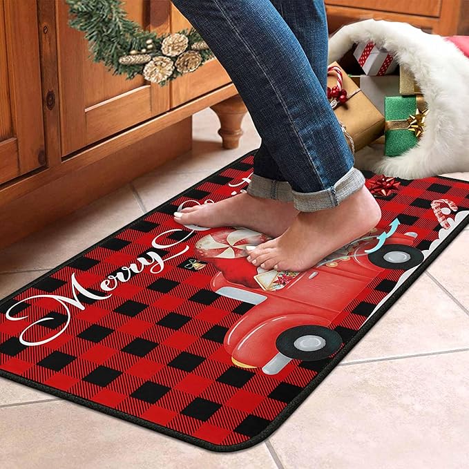 Buffalo Plaid Red Truck Christmas Kitchen Rugs 2 PCS, Merry Christmas Kitchen Rug, Non Skid Washable Soft Comfort Kitchen Rugs Set (17"x47"+17"x30",Merry Christmas)
