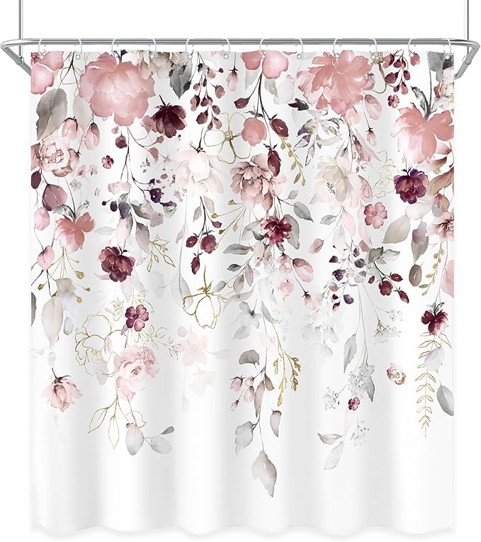 Extra Long Floral Flower Shower Curtain 72Wx78H Inch Grey Pink Floral Blossom Leaves Watercolor Eucalyptus Botanical Plant Girls Bathroom Set Rustic Bath Curtain Bathtub Accessories Home Decor