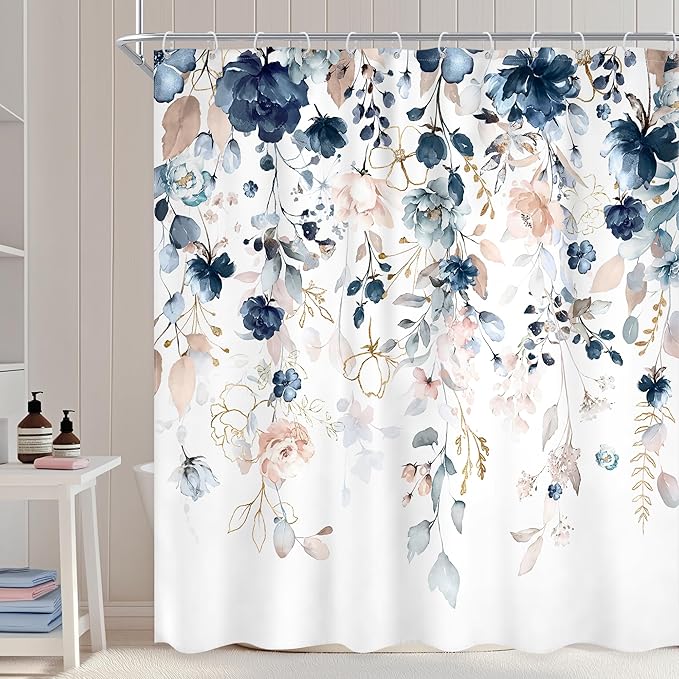 Blue Floral Flower Shower Curtain, Navy Flower Shower Curtain, Pastel Watercolor Plant Eucalyptus Leaf Girly Botanical Rustic Country Pretty 72Wx72L Inch Bath Bathtub Set Accessories Home Decor