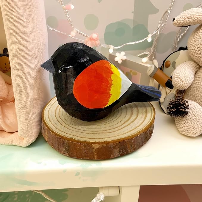 Wooden Bird Figurines Funny Desk Accessories Hand Carved Wood Decorative Small Birds Animal Miniature Statues Ornament for Home Room Decor (Sunset)