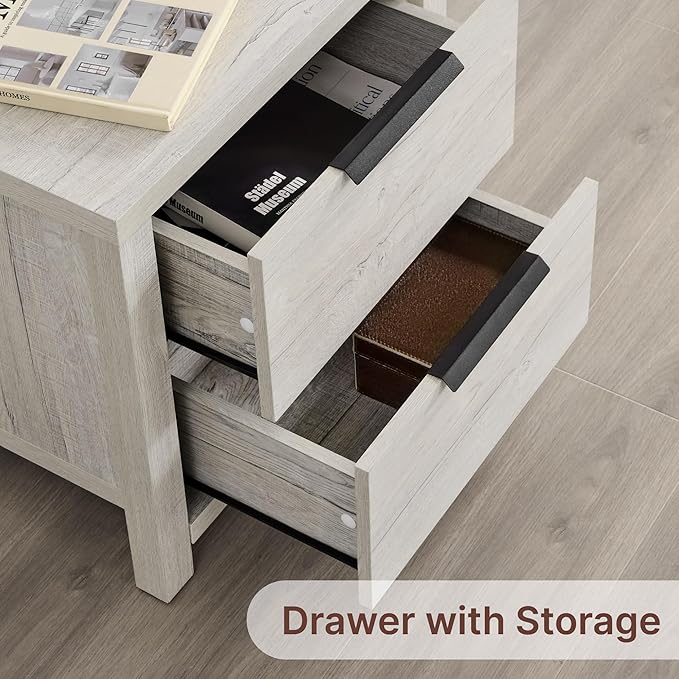 21" Farmhouse Nightstand with Charging Station 2 Drawers Large End Table with Metal Handle Rustic Low Night Stand Wood Dresser for Living Room Bedroom Closet,Grayish White