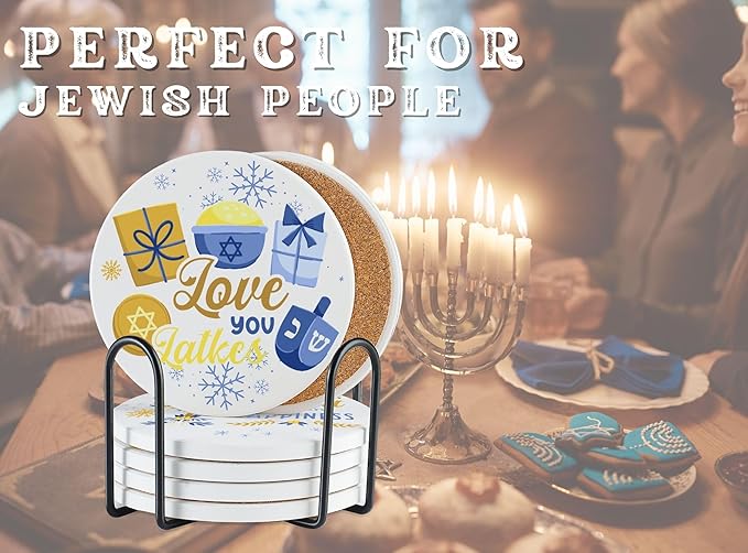 Onebttl Hanukkah Gifts Coaster - Set of 6 Ceramic Absorbent Coasters with Cork Base, Home Decor for Men & Women