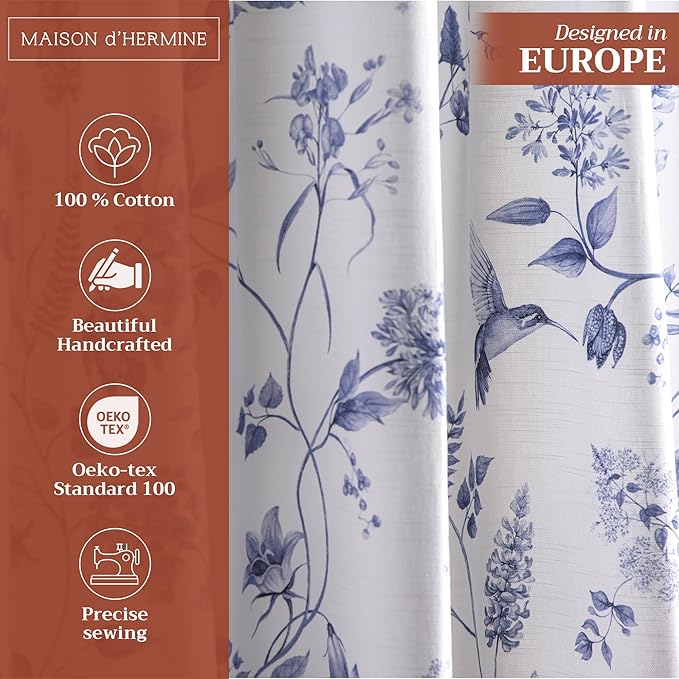 Maison d' Hermine Curtains for Living Room 100% Cotton 108 inch Length One Panel Light Filtering Curtains for Bedroom Windows with Rod and Loop Pockets Drapes (Neo Ipomee White, 50" W x 108" L)