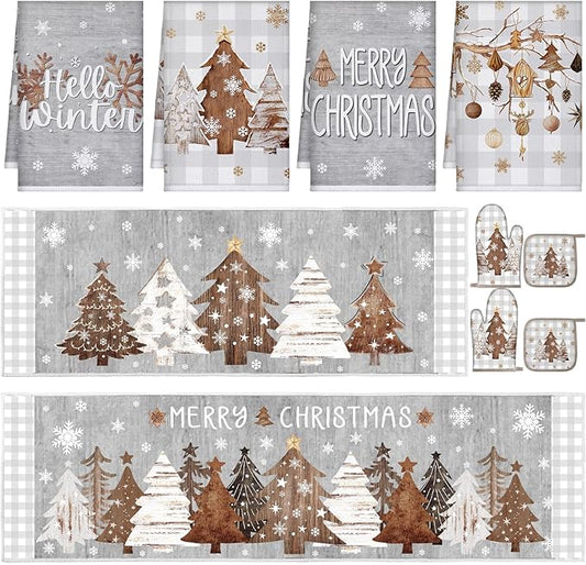 10 Pcs Christmas Kitchen Decor Set Kitchen Towels and Rugs Oven Mitts Pot Holders Absorbent Towels for Baking Cooking BBQ Gifts Home Decor(White and Gray,Original Wood)