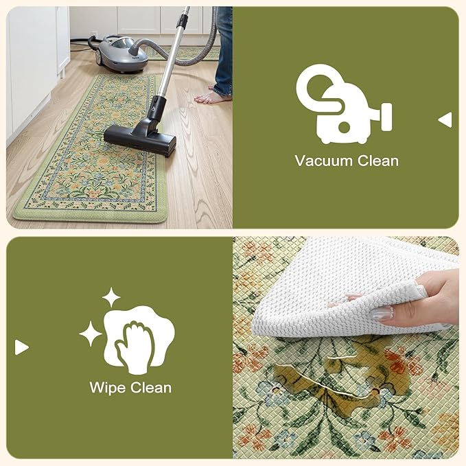 Collive Green Kitchen Mats for Floor, Cushioned Anti Fatigue Mat Non Skid Waterproof Kitchen Rugs Set of 2, Beige Vintage Comfort Standing Desk Rug for Office, Sink, Laundry, 17"x30"+17"x59"