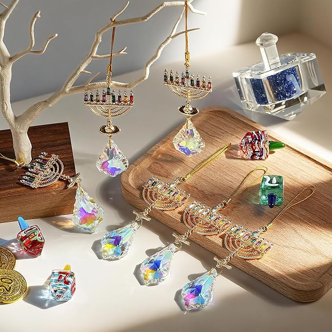 6 PCS Hanukkah Menorah Hanging Ornaments, Crystal Suncatchers for Christmas Tree, Halloween & Hanukkah Decor, Window Suncatchers & Gift