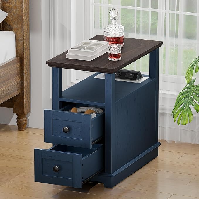 HIFYOBRO 2 Drawers End Table with Flip Top Charging Station Set of 2, Narrow Side Table, Type-C & USB Port & Power outlets, Wooden Storage End Table for Living Room, Bedroom