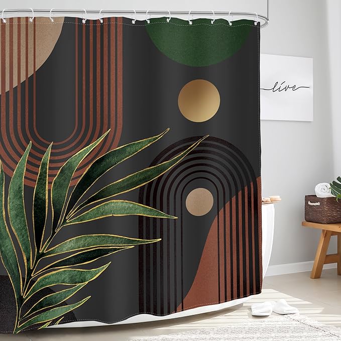 Glawry Dark Green Brown Boho Shower Curtain Abstract Mid Century Retro Tropical Leaves Modern Geometric Bathroom Minimalist Arch Sun 72Wx84L Inches Bath Accessories Art Home Decor Fabric 12 Pack Hooks